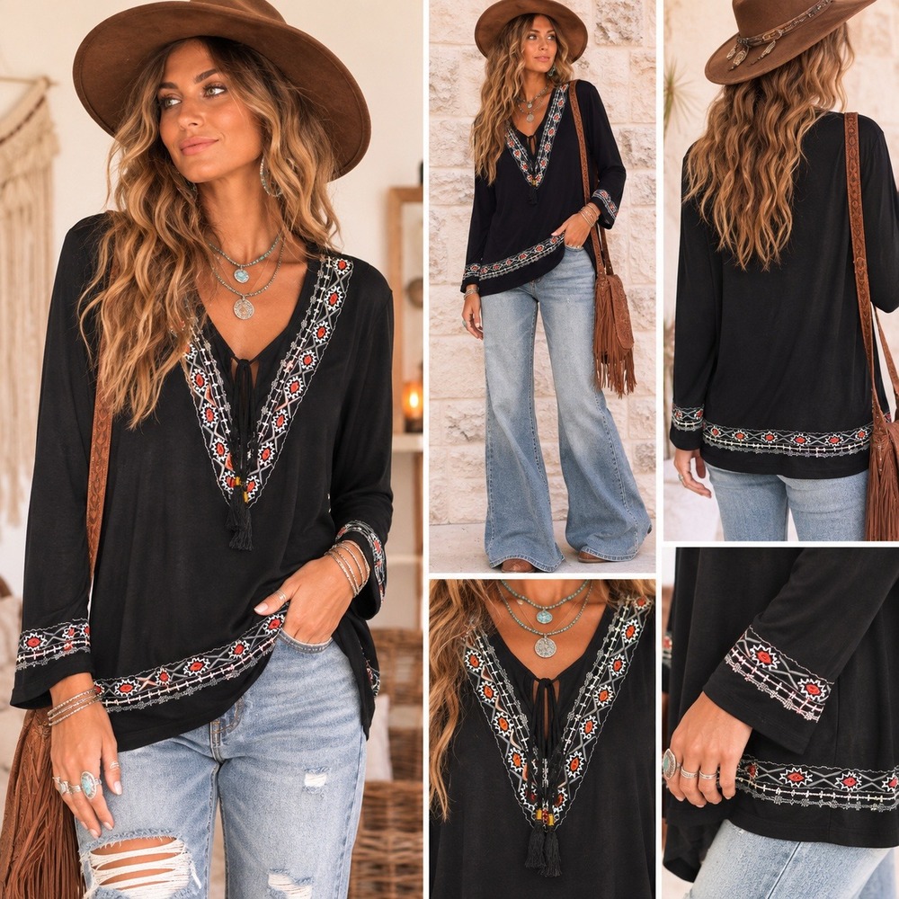Urban CoCo Black Embroidered Boho Peasant Top Tassel Tie Long Sleeve L